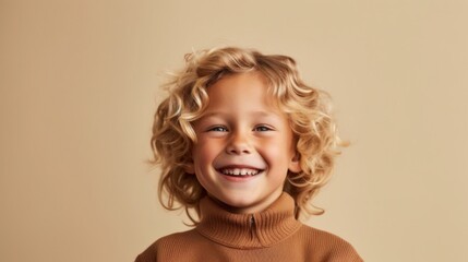 A happy blond boy smiles against a light beige backdrop.
