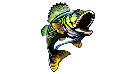 Fishing bass logo. Bass fish with rod club emblem. Fishing theme illustration. Fish Isolated on white. - obrazy, fototapety, plakaty