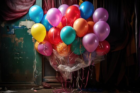 bundle of colorful balloons with values written on them