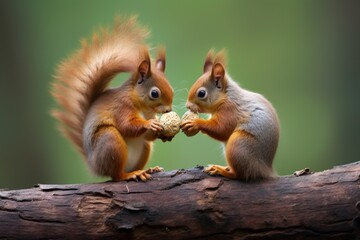 a couple of squirrels sharing an acorn - obrazy, fototapety, plakaty