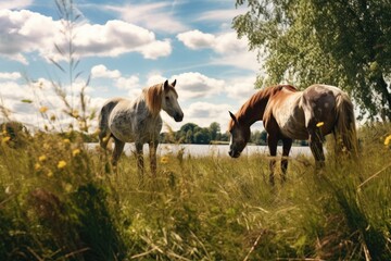 pair of horses grazing in a sunny field