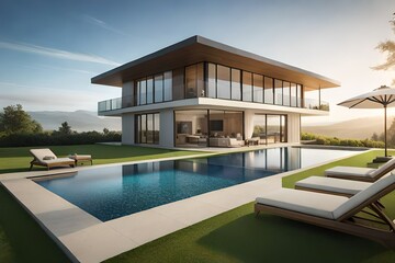 Fototapeta premium luxury home with pool generated by AL the technology 