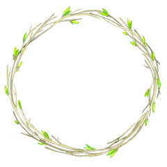 Watercolor spring wreath on a white background. Wreath with young branches and leaves, buds on a white background.