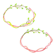Watercolor seamless pattern on the theme of spring.On a white background.Watercolor, seamless pattern on the theme of spring. On a white background. Spring, young branches with ribbons.
