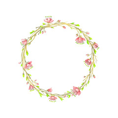 Watercolor spring wreath with young branches and leaves, buds, flowers on a white background.