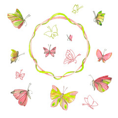 Watercolor wreath of ribbons, butterflies on a white background.