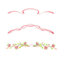 Watercolor spring, young cherry branches on a white background. Pink ribbons for decoration.