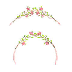 Watercolor spring wreath on a white background. Wreath with young, blooming branches and ribbons.