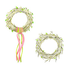 Watercolor spring wreath on a white background. Wreath with young, blooming branches and ribbons.