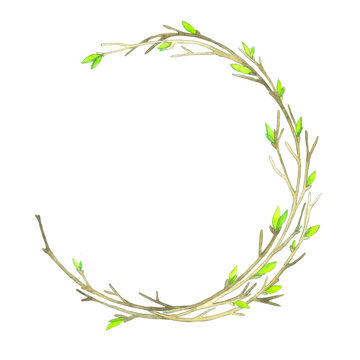 Watercolor spring branches on a white background. Wreath with young branches and leaves, buds on a white background.