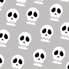 Halloween pattern with cartoon skeleton head. Skull, holiday. Vector flat design.