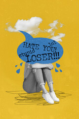 Drawing poster banner collage of weird person with hate speech bubble feel bad crying wiping
