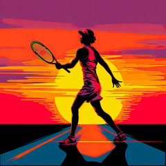 Silhouette of a tennis player during sunset. Colorful art design with bold outlines and vivid colors. Logo or background design element.