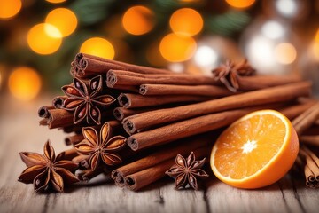 Christmas spices on a wooden background. Cinnamon, star anise and orange