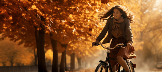 a beautiful woman riding a bike on an autumn day at a park, in the scene autumn leaves are falling from the trees and covering the ground on the background, banner with copy space