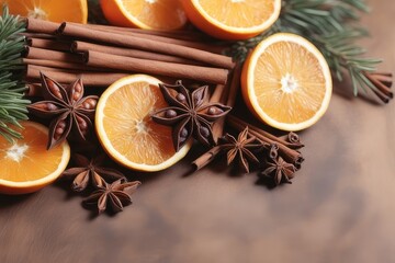 Fototapeta na wymiar Christmas spices on a wooden background. Cinnamon, star anise and orange
