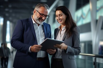 Young businesswoman and businessman look on digital tablet and discuss about new project in modern office generative ai