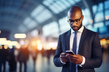 Businessman using smart phone at the Airport - obrazy, fototapety, plakaty