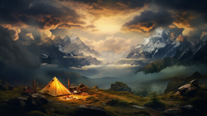 View of tent camping landscape with mountains, sun rise, clouds background. - obrazy, fototapety, plakaty