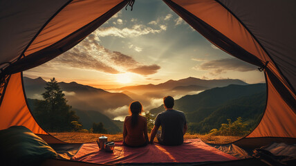 View from tent with couple, sunrise, clouds, and mountains background.