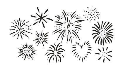Set of simple hand drawn fireworks. Doodle sketch style. Festive firework icons collection. Black vector illustration isolated on white background