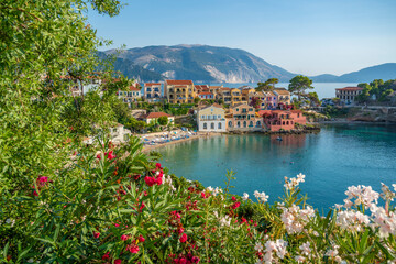 Elevated view of harbour and colourful houses in Assos, Assos, Kefalonia, Ionian Islands, Greek Islands