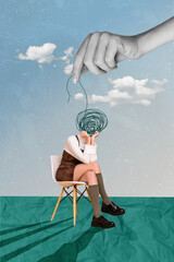 Poster collage banner of faceless weird lady with mess lines suffer psychological disorder problems...