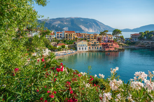 Elevated View Of Harbour And Colourful Houses In Assos, Assos, Kefalonia, Ionian Islands, Greek Islands