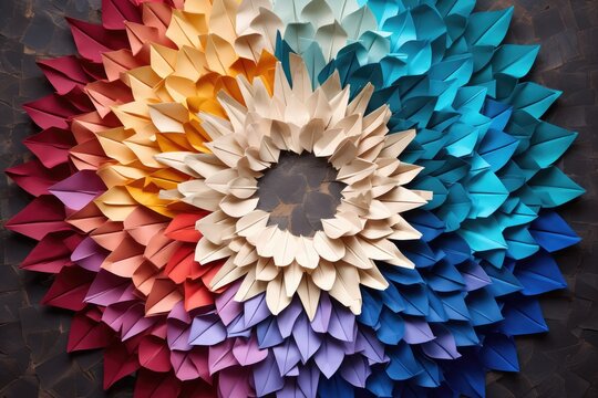 origami figures made from colorful paper arranged in a circular pattern