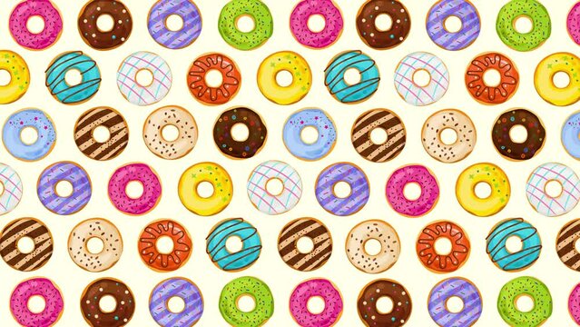 Colorful doughnuts seamless pattern moving cartoon background animation 4k background