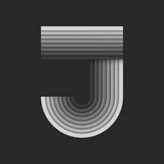 Bold letter J 3d logo, gray parallel stripes creative layers pattern geometric smooth lines ribbon shapes, striped pattern paper cut style emblem, identity typography mark design.