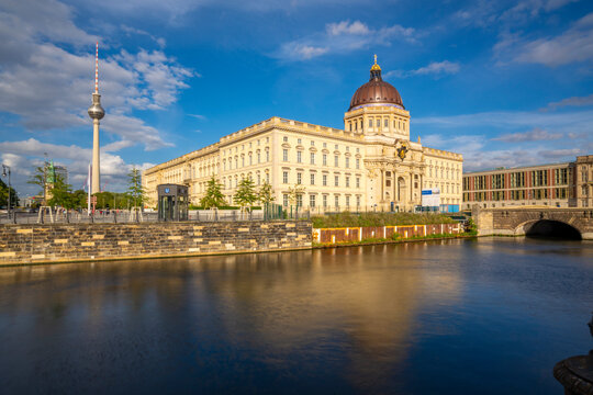 View of Berliner Fernsehturm, Berliner Schloss and Spree river, Museum Island, Mitte, Berlin