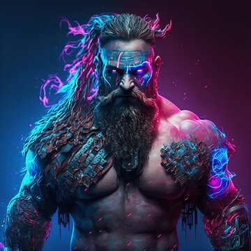 Half Body Portrait of Viking Zeus, Hacker with Striking Blue and Pink Lights