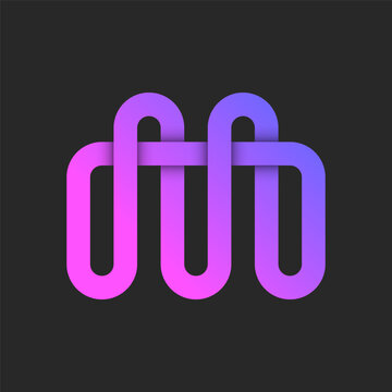 Letter initial M logo monogram, parallel vibrant gradient overlapping mono line pattern, smooth curve shape, interweaving of ribbon form logotype design.