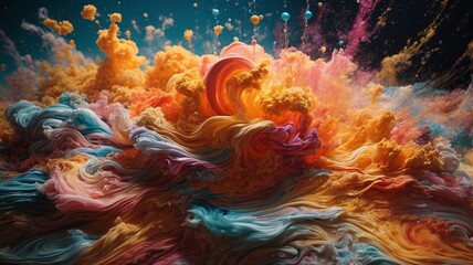 Obraz premium Illustration Of A Swirling Liquid Cloud Colour Paint, Paint Drip, In The Style Of Triple Exposure Photography. Vibrant, Striking Colours, Extremely Cinematic.