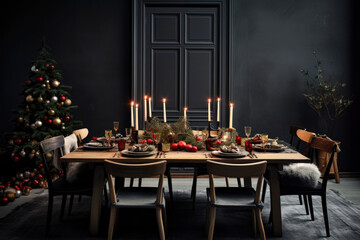Christmas dinner. Modern table prepared for the family at Christmas.