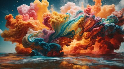 Illustration Of A Swirling Liquid Cloud Colour Paint, Paint Drip, In The Style Of Triple Exposure Photography. Vibrant, Striking Colours, Extremely Cinematic. - obrazy, fototapety, plakaty