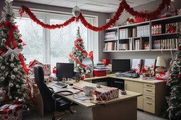 The office decorate with Christmas theme or Happy new year. Generative AI