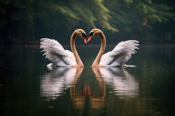 a pair of swans forming a heart shape with their necks on a lake