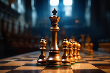 View on chess board, game continues - obrazy, fototapety, plakaty