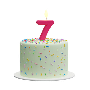 Cartoon cake with a candle in the shape of the number 7. Seventh birthday cake, anniversary. Isolated illustration on white background, 3d rendering
