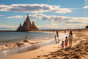 Zelfklevend Fotobehang A sweeping panoramic shot of a sandy beach, with a family building sandcastles in the foreground and sailboats dotting the horizon © Hunman