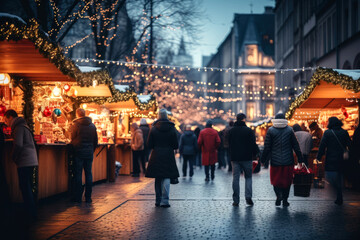 Christmas market. People walking through the Christmas markets. - obrazy, fototapety, plakaty