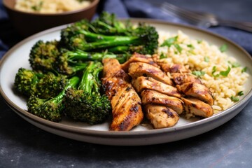 Fototapeta premium a plate with grilled chicken breast, brown rice and broccolini