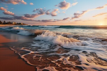 Obraz premium A tranquil sandy beach at sunrise, with pastel hues painting the sky and the gentle glow of the morning sun