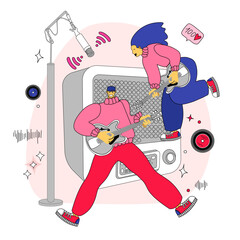 vector illustration with people dancing, singing and playing musical instruments. Music band vector illustration.