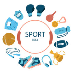 Concept of sport infographics. Icons for web fitness, sport equipment and metrics. Flat design vector illustration.