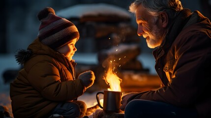 grandparent and grandchild sharing a cup of hot cocoa