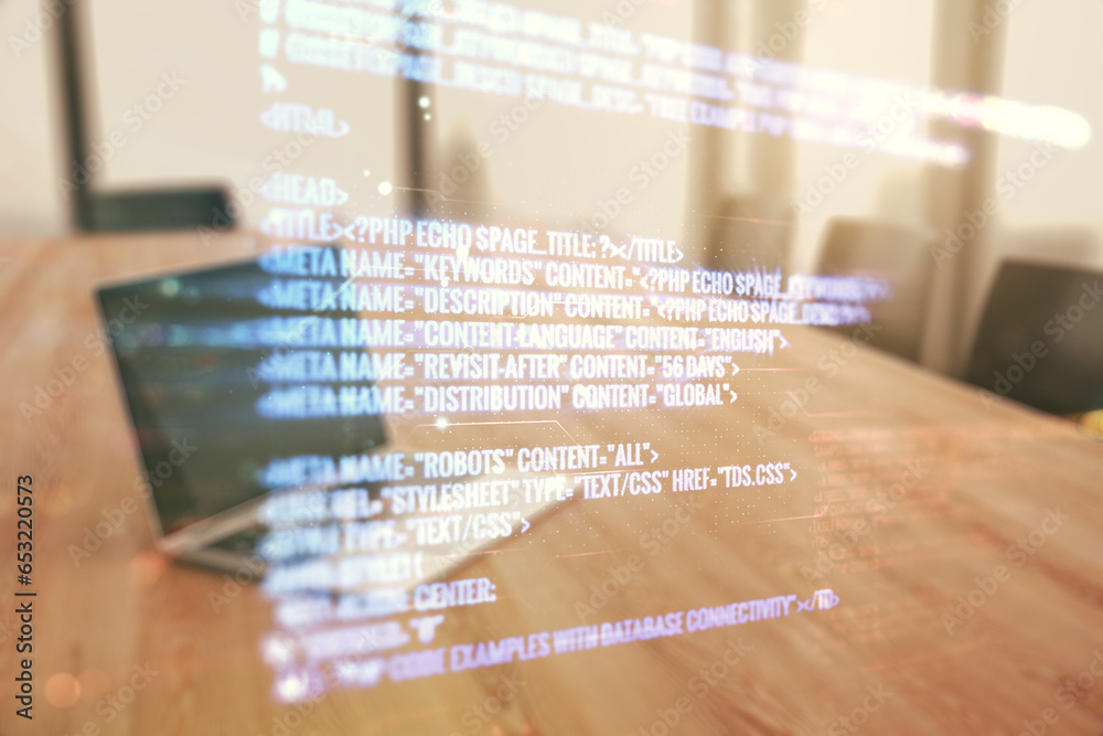 Poster multi exposure of abstract software development hologram on laptop background, research and analytic