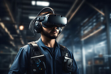 Arbeiter mit VR-Brille bei Wartungsarbeiten, Virtual Reality, erstellt mit generativer KI